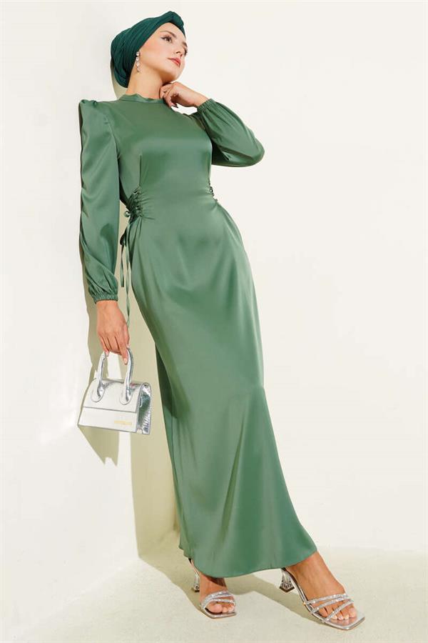 Satin Dress with Side Rope Detail, Almond Green