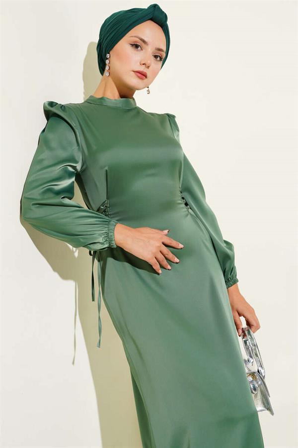 Satin Dress with Side Rope Detail, Almond Green