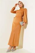 Satin Dress Camel with Side Rope Detail