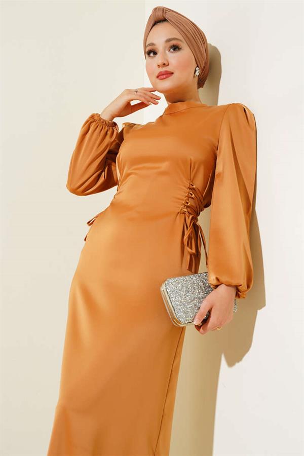 Satin Dress Camel with Side Rope Detail