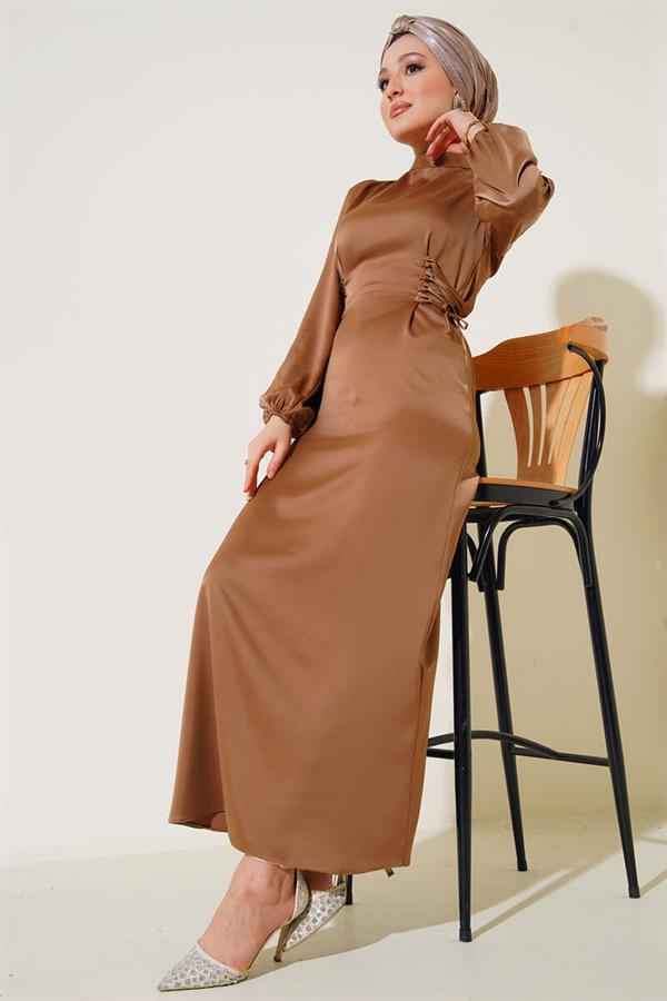 Satin Dress with Side Rope Detail, Tan