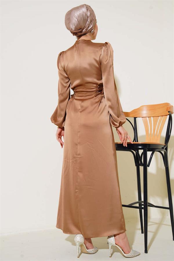 Satin Dress with Side Rope Detail, Tan