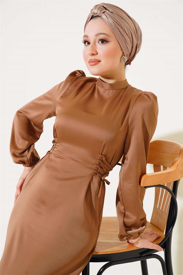Satin Dress with Side Rope Detail, Tan