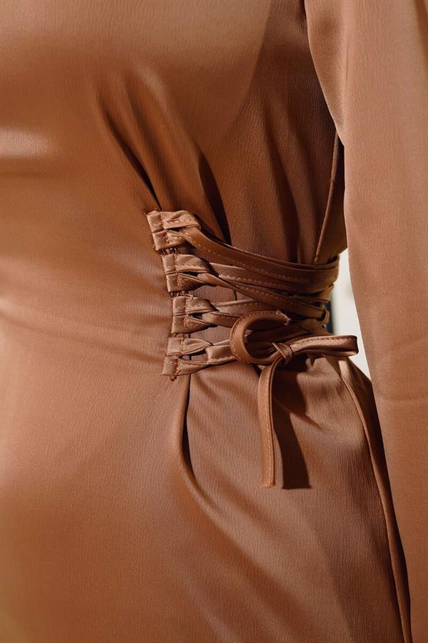 Satin Dress with Side Rope Detail, Tan
