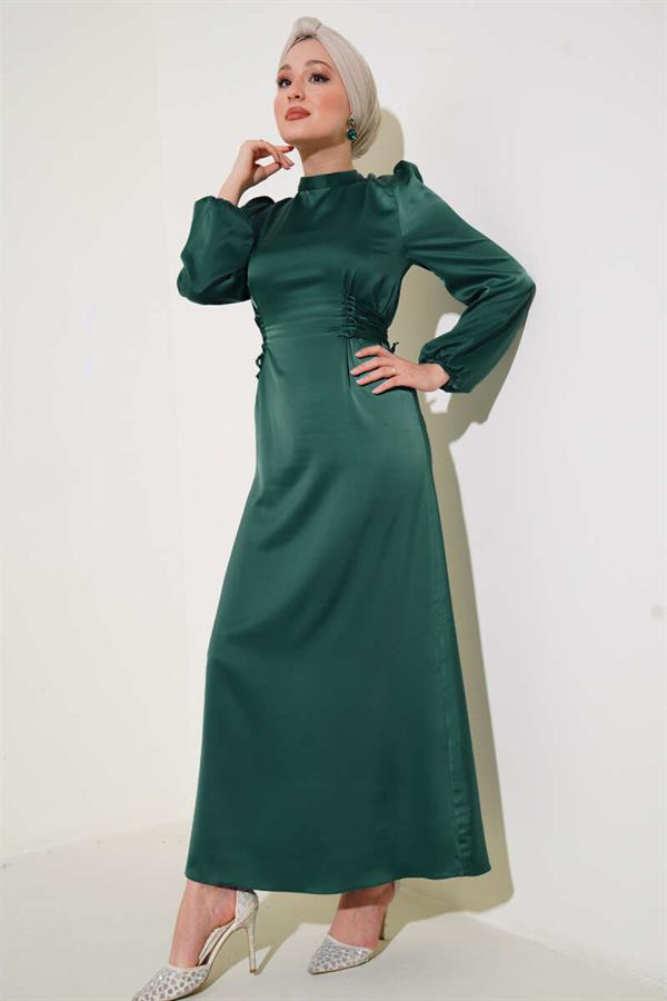 Satin Dress with Side Rope Detail Emerald Green