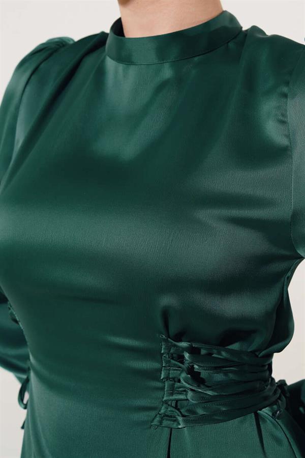 Satin Dress with Side Rope Detail Emerald Green