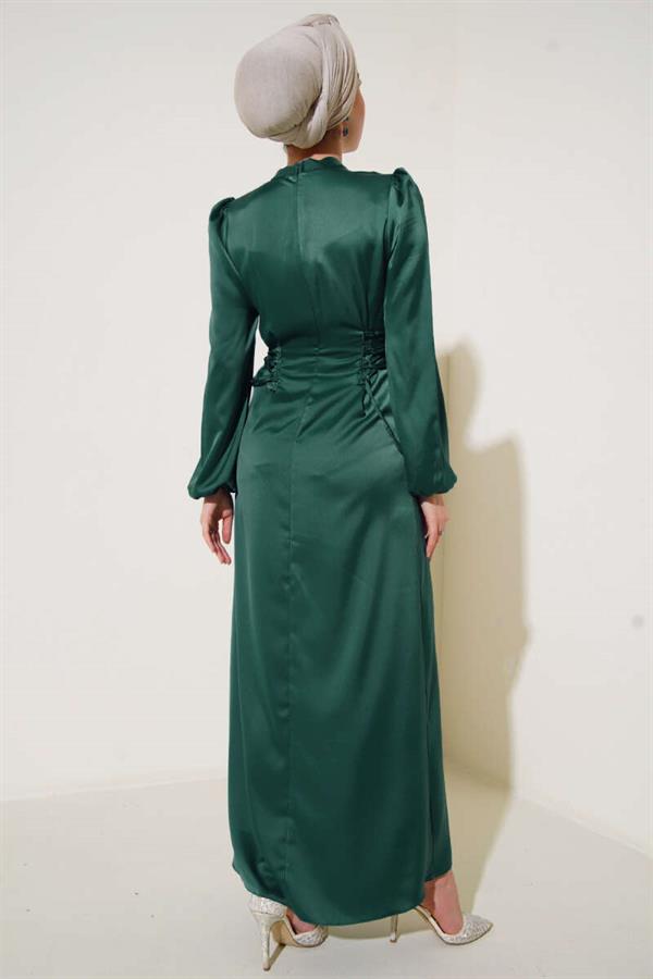 Satin Dress with Side Rope Detail Emerald Green