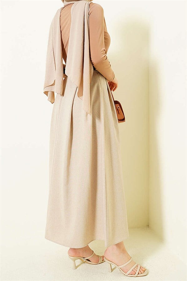 Beige Flared Skirt with Side Darts and Belt