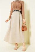 Beige Flared Skirt with Side Darts and Belt