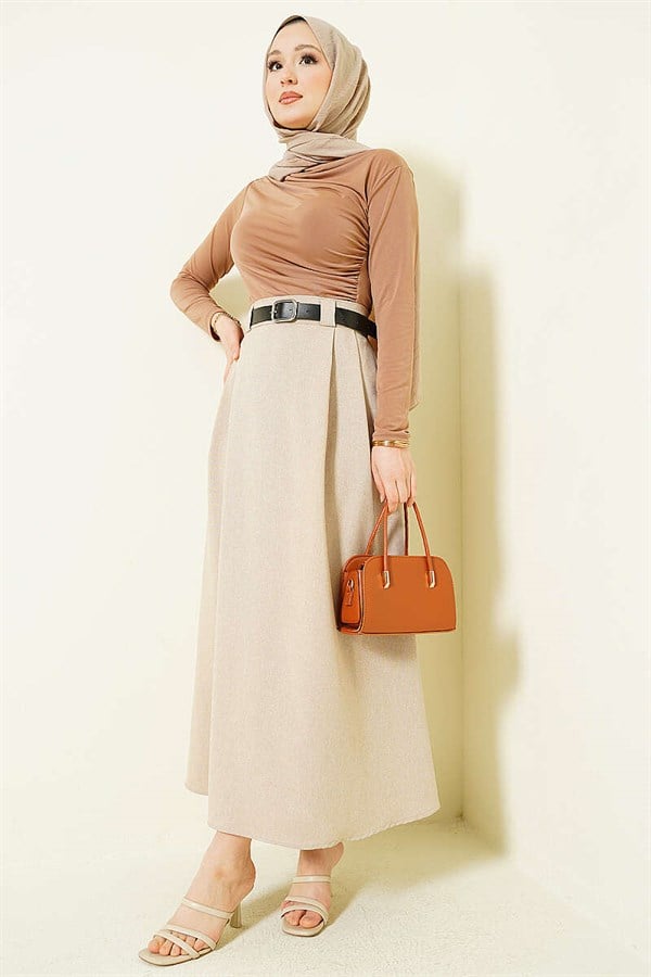 Beige Flared Skirt with Side Darts and Belt