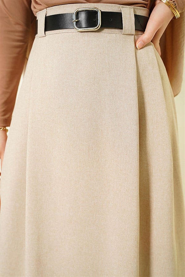 Beige Flared Skirt with Side Darts and Belt