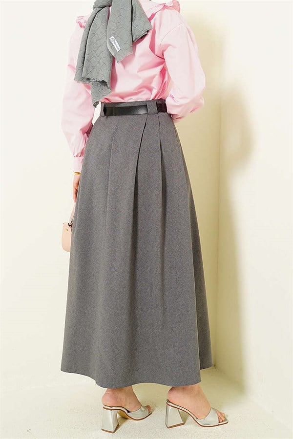 Side Dart Belted Flared Skirt in Smoke Grey