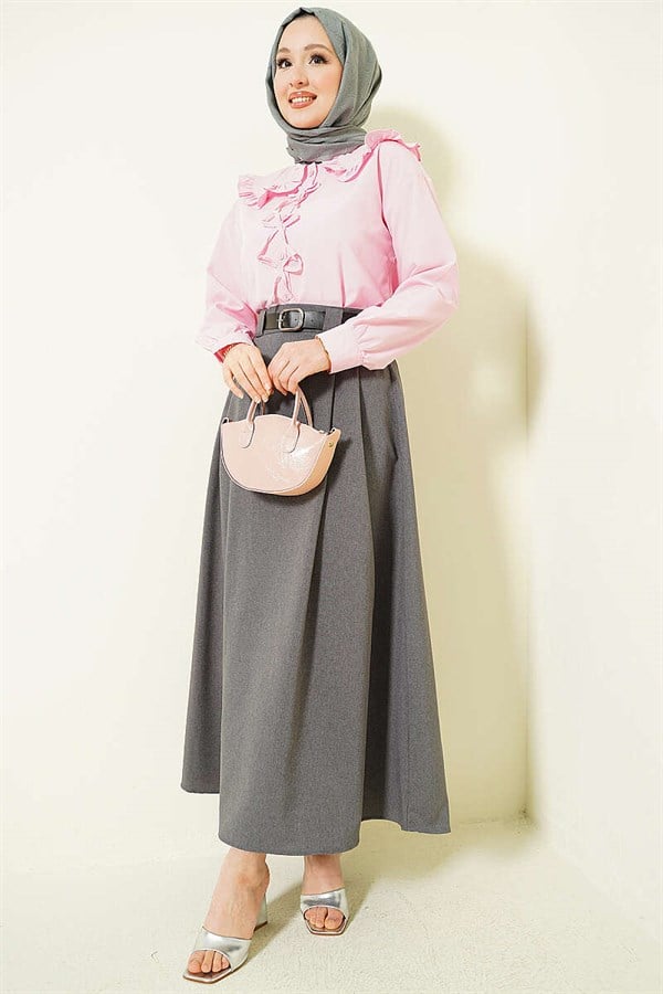 Side Dart Belted Flared Skirt in Smoke Grey