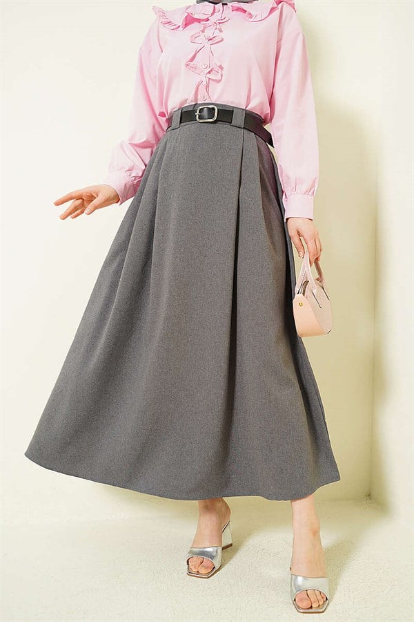 Side Dart Belted Flared Skirt in Smoke Grey