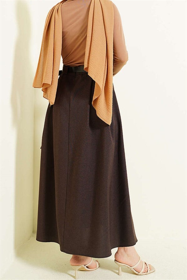 Side Dart Belted Flared Skirt, Brown