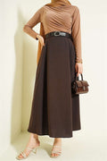 Side Dart Belted Flared Skirt, Brown