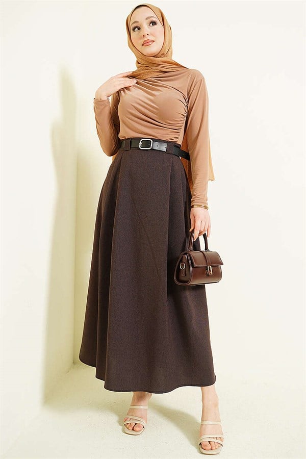 Side Dart Belted Flared Skirt, Brown