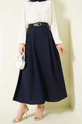 Navy Blue Flared Skirt with Side Darts and Belt