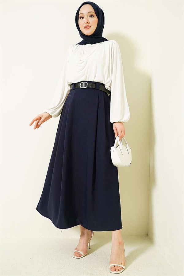Navy Blue Flared Skirt with Side Darts and Belt