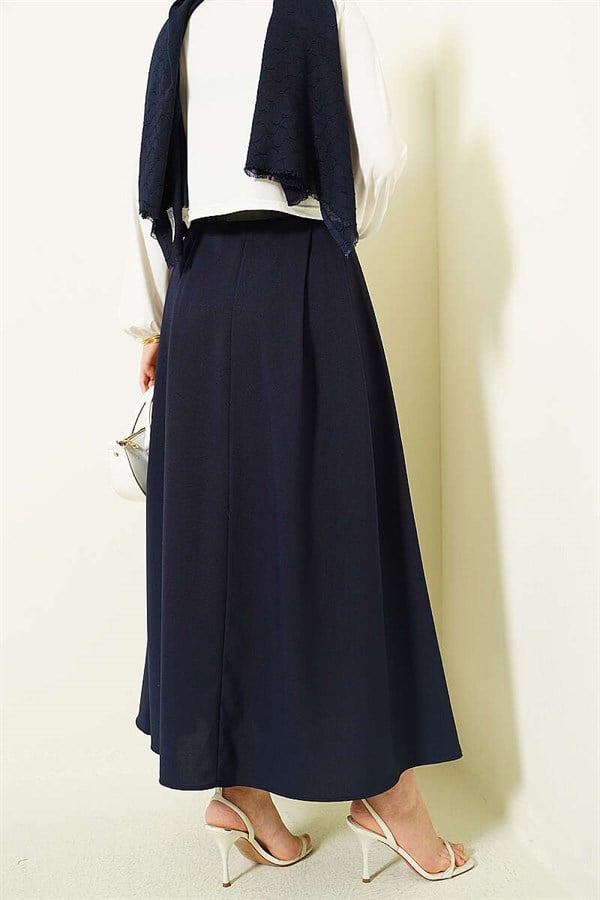 Navy Blue Flared Skirt with Side Darts and Belt