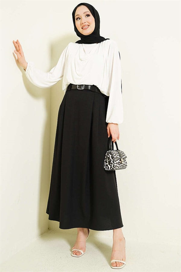Black Flared Skirt with Side Darts and Belt