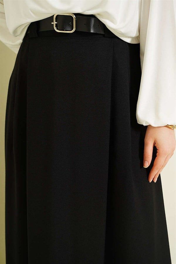 Black Flared Skirt with Side Darts and Belt
