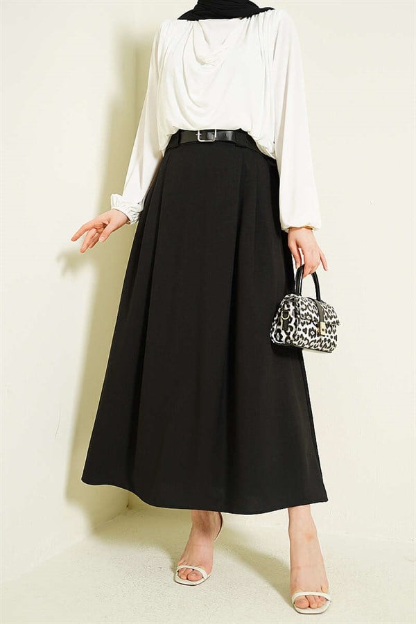 Black Flared Skirt with Side Darts and Belt