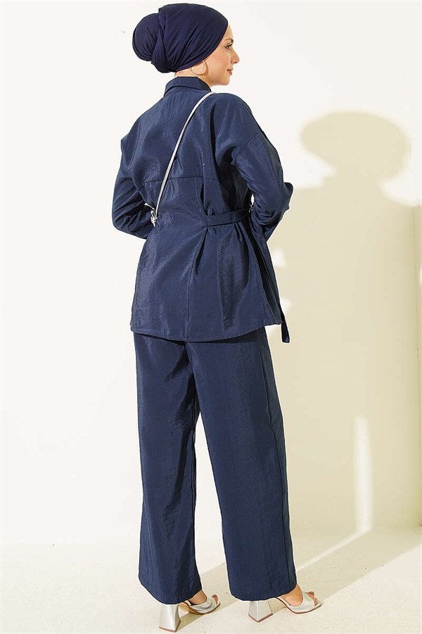 Navy Blue 2 Piece Set with Hidden Button and Buckle Closure on the Sides