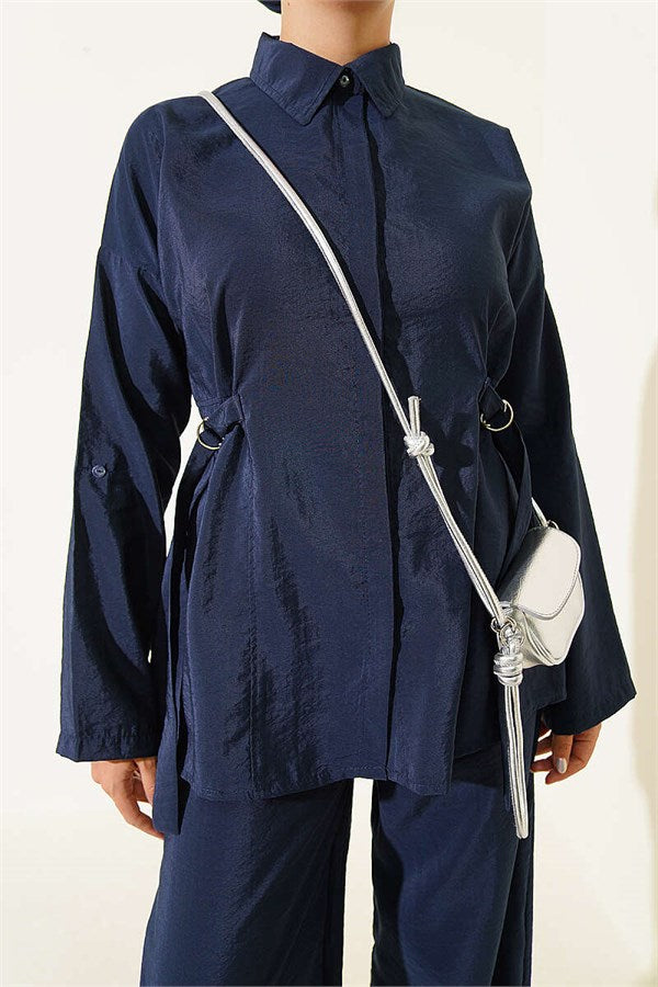 Navy Blue 2 Piece Set with Hidden Button and Buckle Closure on the Sides