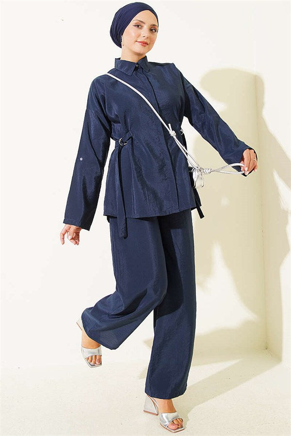 Navy Blue 2 Piece Set with Hidden Button and Buckle Closure on the Sides