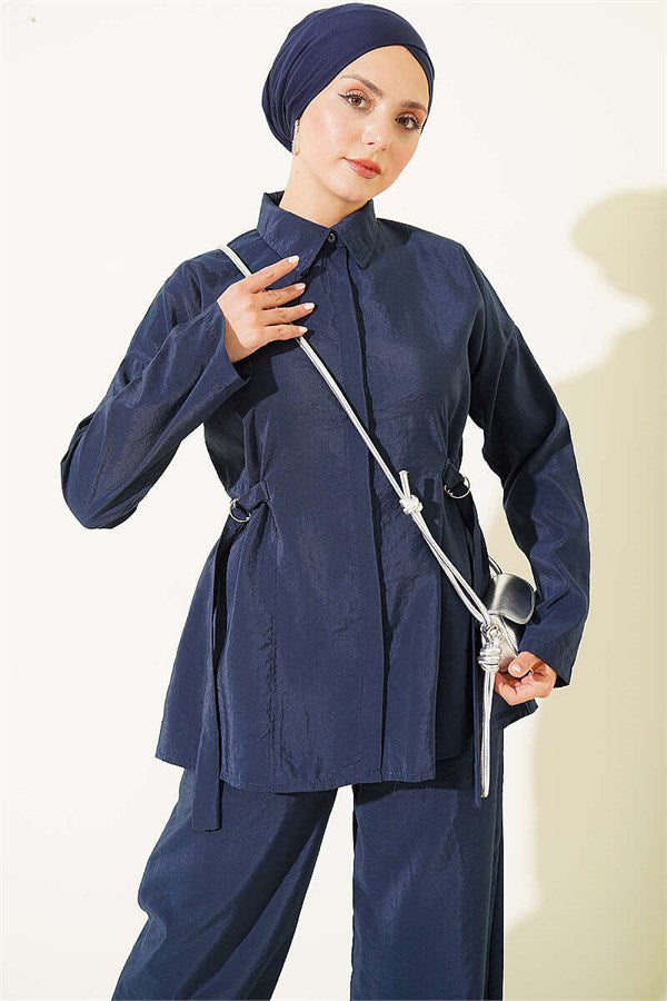 Navy Blue 2 Piece Set with Hidden Button and Buckle Closure on the Sides