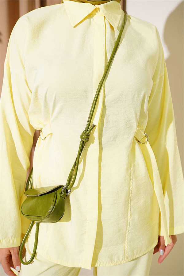 2 Piece Set with hidden buttons and buckle closure on the sides, yellow.