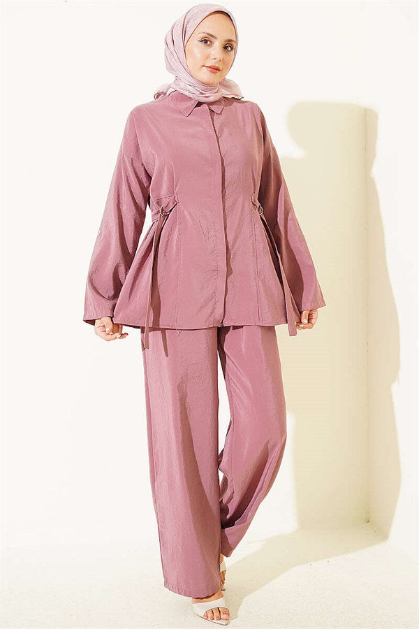 2 Piece Set with hidden buttons and buckle closure on the sides, rose pink.