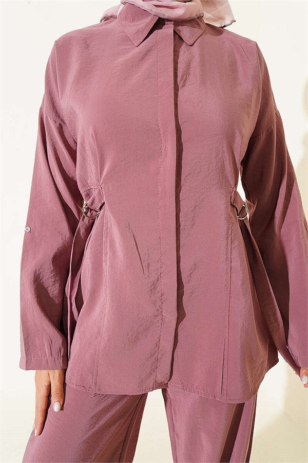 2 Piece Set with hidden buttons and buckle closure on the sides, rose pink.