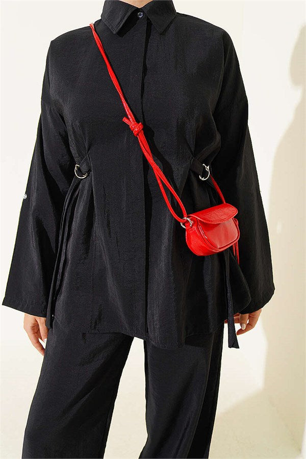 2 Piece Set with hidden buttons and buckle closure on the sides, black.
