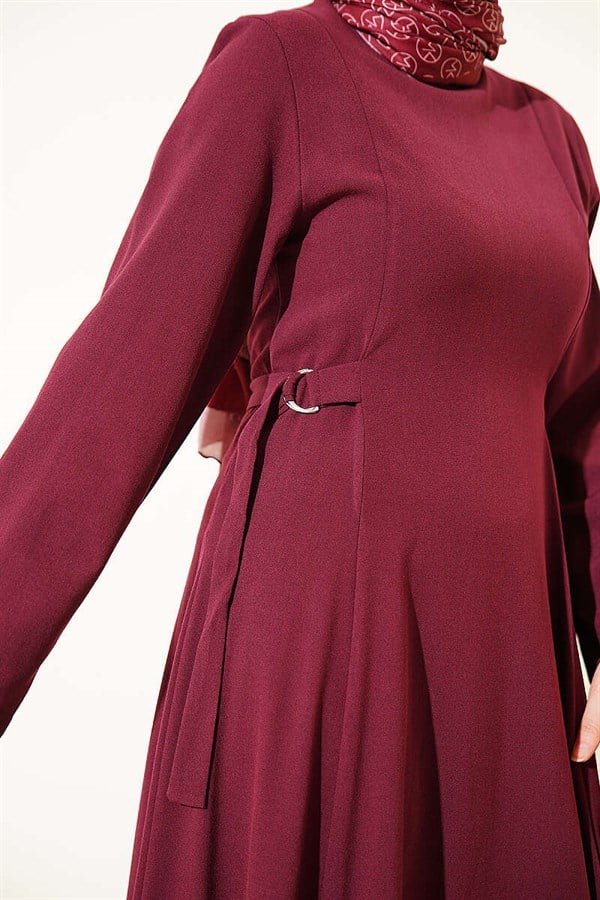 Burgundy Dress with Side Buckles and Darts