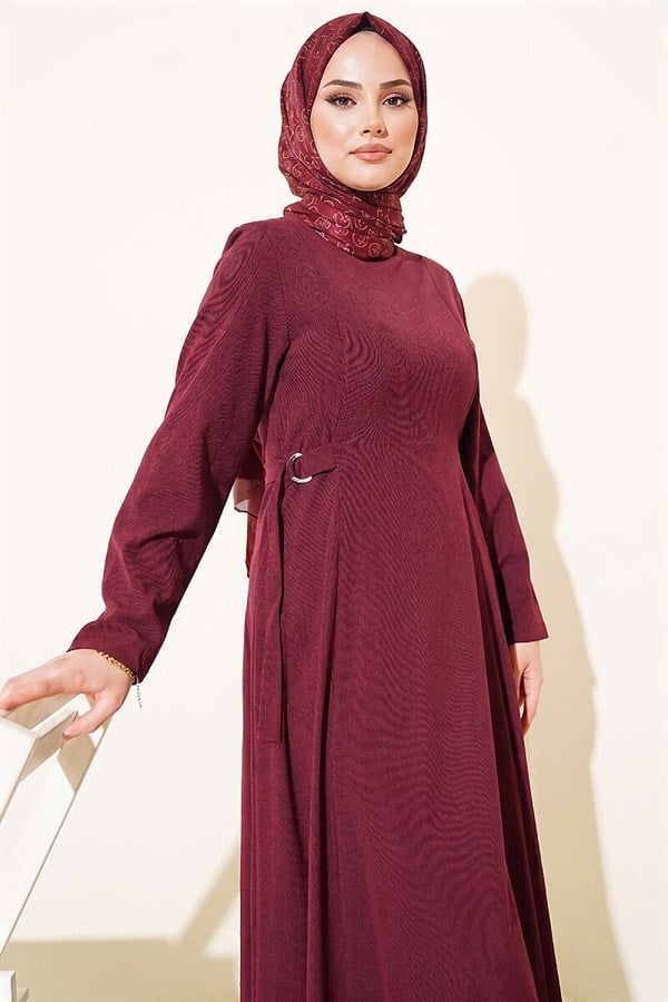 Burgundy Dress with Side Buckles and Darts
