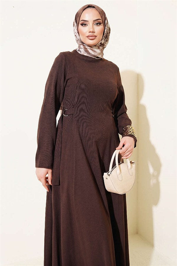 Brown Dress with Side Buckles and Darts