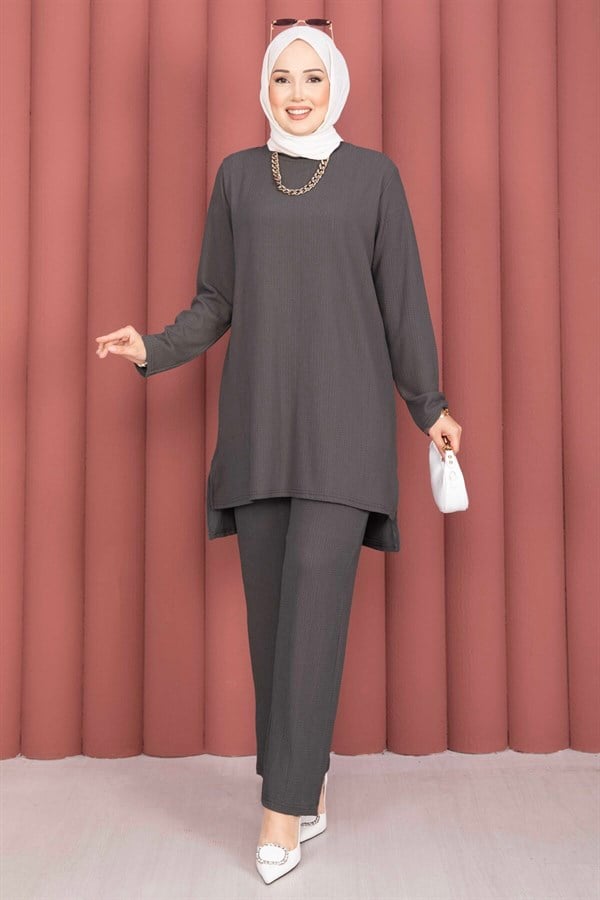 Side Slit Tunic and Pants 2 Piece Set, Dark Gray