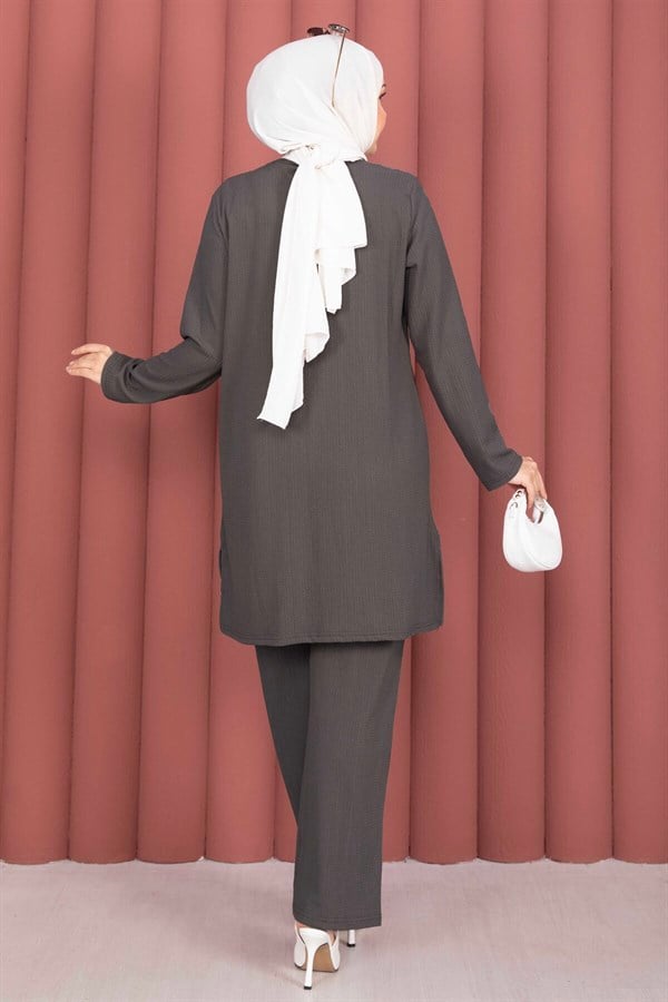 Side Slit Tunic and Pants 2 Piece Set, Dark Gray
