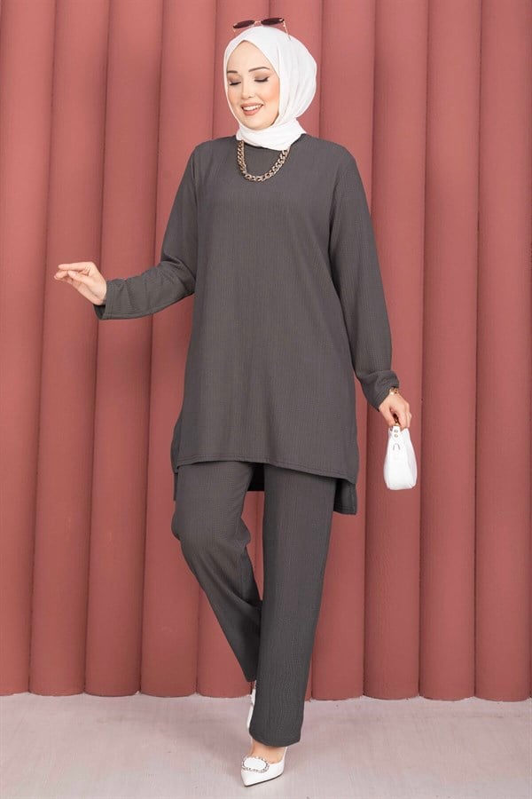 Side Slit Tunic and Pants 2 Piece Set, Dark Gray