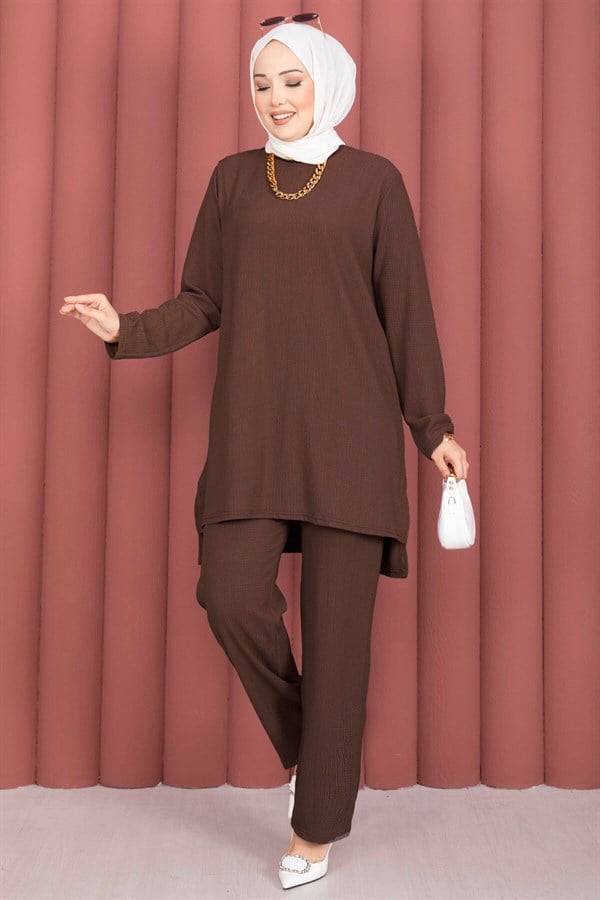Side Slit Tunic and Pants 2 Piece Set, Brown