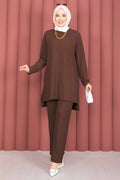 Side Slit Tunic and Pants 2 Piece Set, Brown
