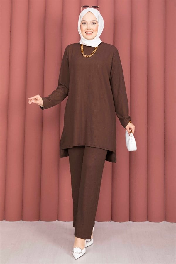Side Slit Tunic and Pants 2 Piece Set, Brown