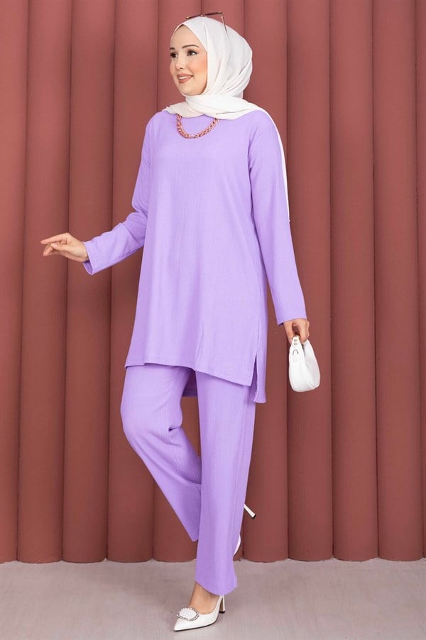 Side Slit Tunic and Pants 2 Piece Set in Lilac