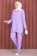 Side Slit Tunic and Pants 2 Piece Set in Lilac