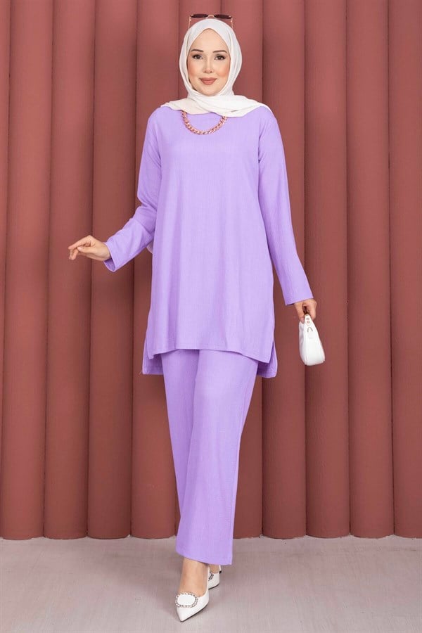 Side Slit Tunic and Pants 2 Piece Set in Lilac