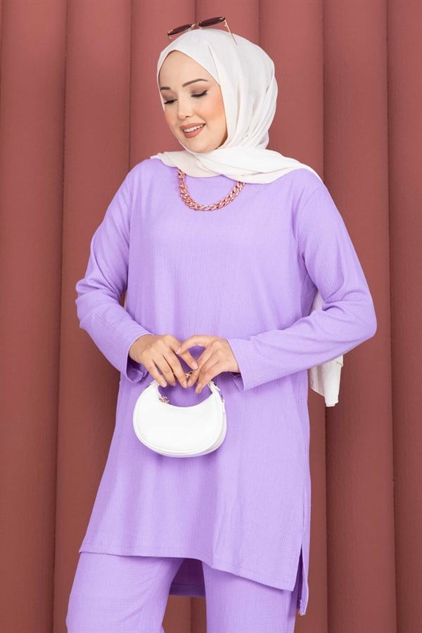 Side Slit Tunic and Pants 2 Piece Set in Lilac