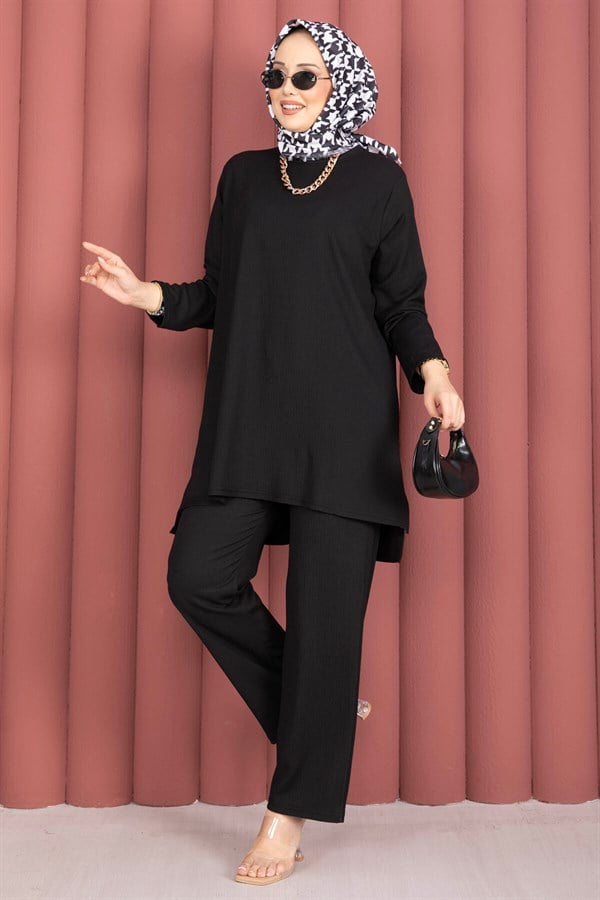 Side Slit Tunic and Pants 2 Piece Set, Black