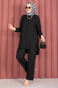 Side Slit Tunic and Pants 2 Piece Set, Black